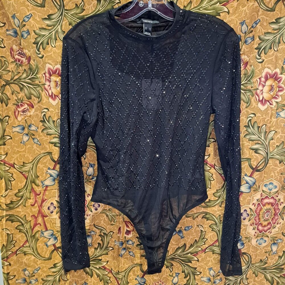 black rhinestone beaded long sleeve body suit
